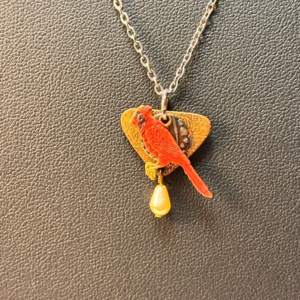 Cardinal Bird Pendant Necklace Red Gold Silver Boho Cottagecore Handmade